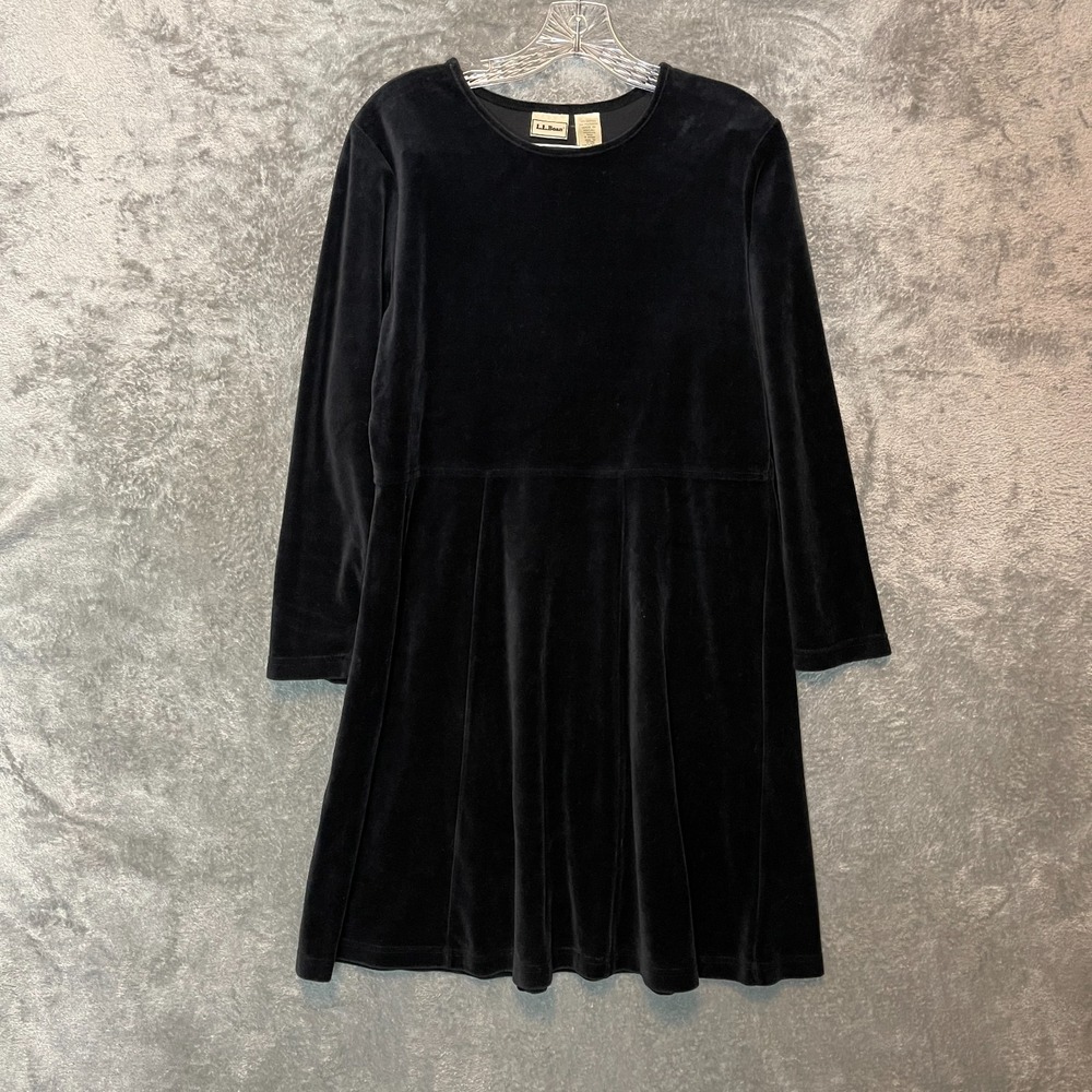 LL Bean Women Velour Fit Flare Skater Dress M Black 90s Dark Academia Minimalist